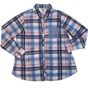 Avenue Plaid Button Up Shirt Crochet Pocket Long Sleeves Lightweight Size 14/16